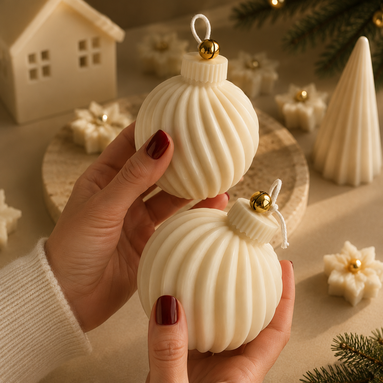 Luxury handmade ivory Christmas bauble candle with gold bell displayed on a travertine stone tray in a warm festive Christmas studio.