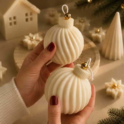 Luxury handmade ivory Christmas bauble candle with gold bell displayed on a travertine stone tray in a warm festive Christmas studio.